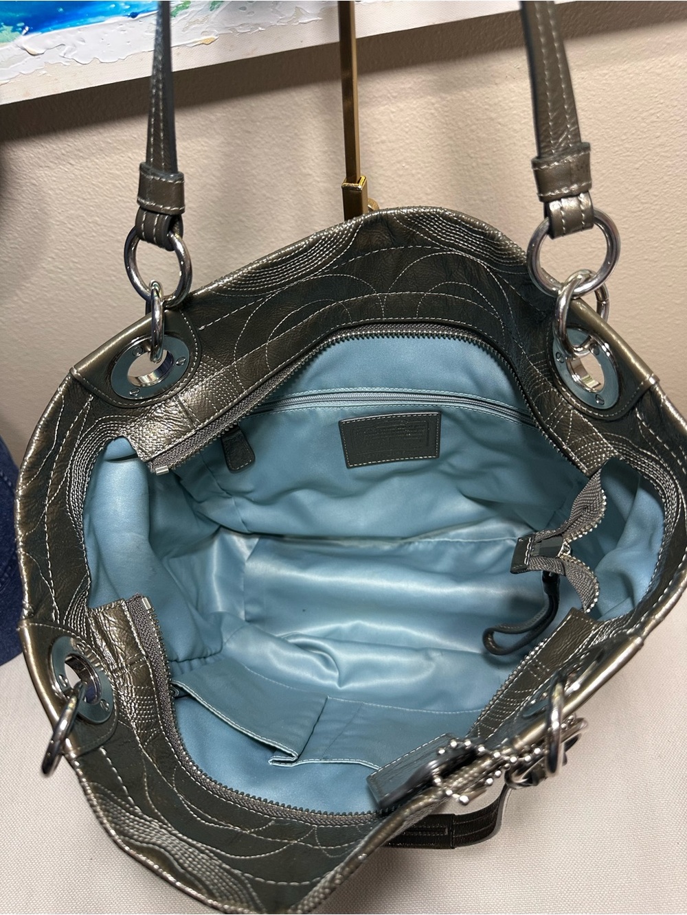 Coach Alex Stitched Patent Tote in a metallic Ollive Green color - Picture 9 of 13